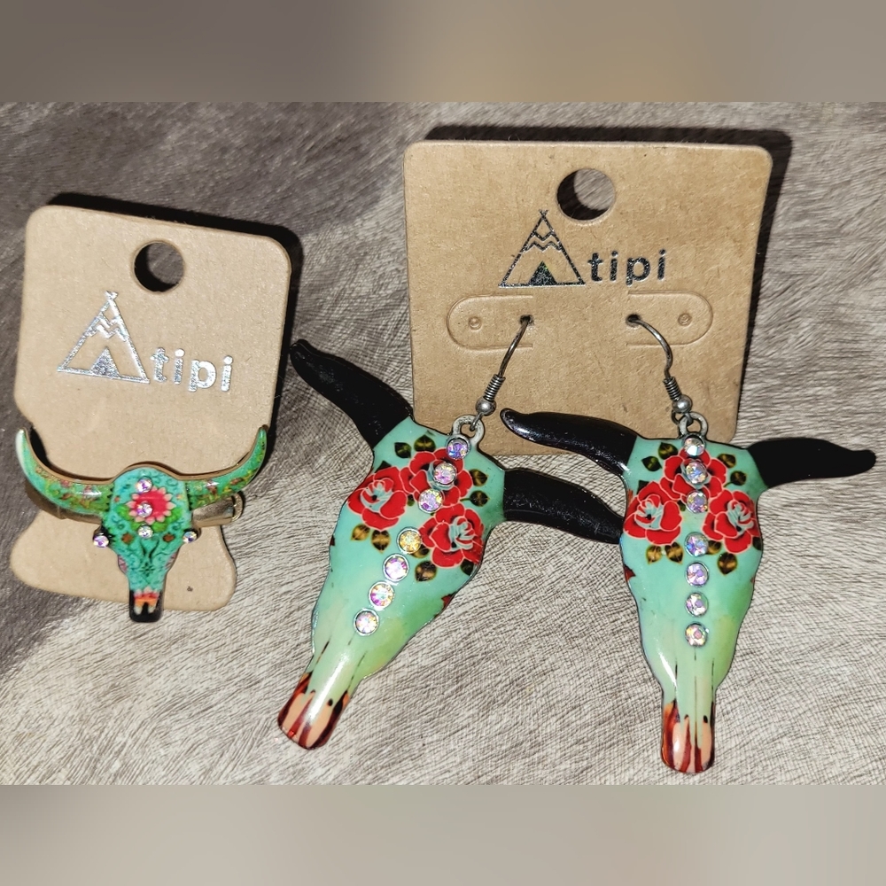 Tipi Steer Skull Earrings & Ring Set